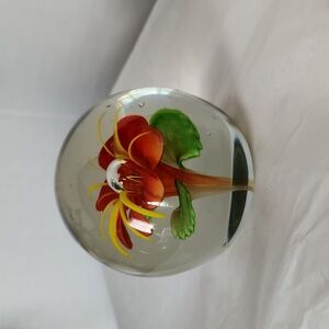 Vintage Glass Paperweight with Red Flower